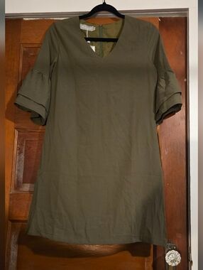 Belongsci Olive Green V-Neck Ruffle Sleeve Dress